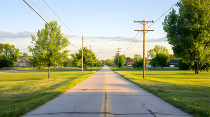 Empty Country Road Lined With Trees Under Sunny Sky