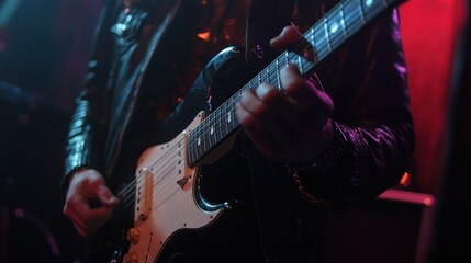 Expressive guitar performance under dynamic stage lighting capturing musical fervor