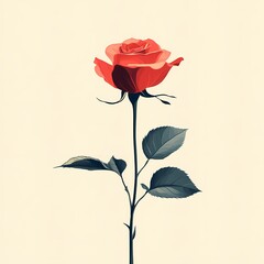 Red Rose Flower Botanical Illustration: Elegant Nature-Inspired Art with Vibrant Petals for Romantic Spring Decor