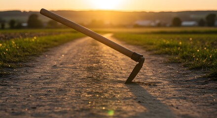 Rustic Hoe Leans Against a Country Path at Sunset