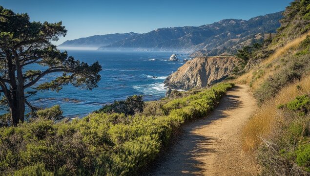 Scenic coastal trail winding through lush vegetation, overlooking vast ocean and rugged mountains - Powered by Adobe