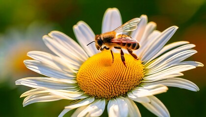 Obraz premium detailed macro shot of bee landing on a daisy, vibrant colors, blurred natural background