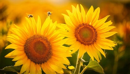 Obraz premium Golden Meadow Filled with Sunflowers and Buzzing Honey Bees in Flight