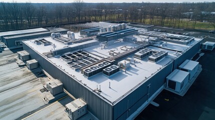Aerial view of industrial building with HVAC systems