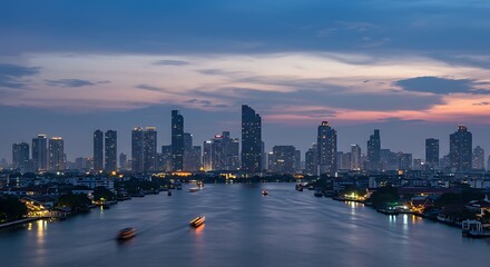 Fototapeta premium Evening Cityscape with River and Illuminated Skyscrapers at Sunset