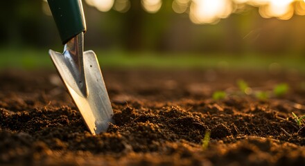Close-up of a trowel digging into rich soil.