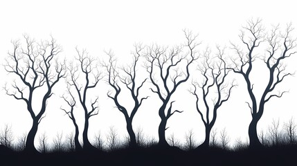 Eerie Silhouetted Trees. Barren Branches Against a Moody Winter Horizon