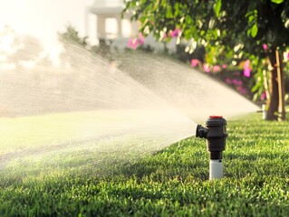 Automatic Sprinkler System Watering Green Lawn