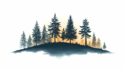 Fototapeta premium Mystical Forest Silhouette Against a Vibrant Sunset - Idyllic Nature Illustration