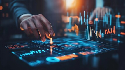 Man Interacting with Financial Charts and Data on Interactive Screen in Blue and Orange