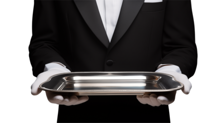Butler holding silver tray formal service catering event presentation  isolated on transparent background	