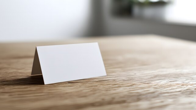 Blank white card on wooden table, simplicity and purity in a clean space