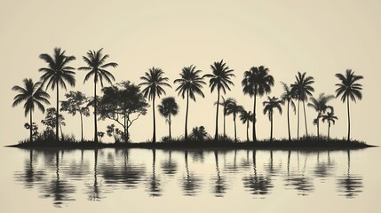 Obraz premium Black and White Tropical Serenity. Palm Trees and Lush Island Reflections in Coastal Landscape Photography