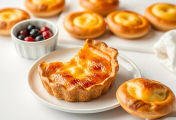 Golden-brown baked cheese pie & Danish pastries on white, pastry,  delicious