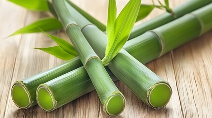 Obraz premium Fresh Green Bamboo Shoots on Wooden Surface