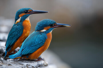 Fototapeta premium Pair of vibrant blue-orange kingfishers perched near riverbank, vivid wildlife close-up, suitable for love, partnership, and nature themes