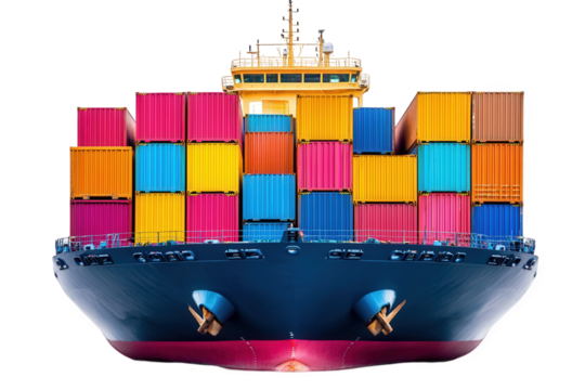 Large cargo ship loaded with colorful shipping containers docked at port under clear skies during daylight hours featuring a variety of bright colors and stacking patterns