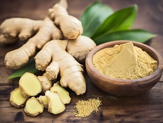 Fototapeta premium Fresh Ginger Root and Powder: Aromatic Spice, Herbal Remedy, Culinary Ingredient