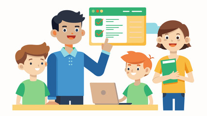 A boy proudly shows off the code hes written for his homework assignment to his friends explaining how he solved the problem.. Vector illustration