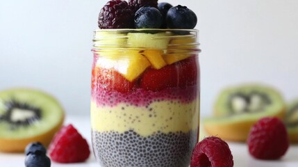 Colorful Chia Seed Pudding with Fresh Fruits in a Jar