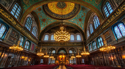 Fototapeta premium Ornate Church Interior With Stained Glass And Golden Chandeliers