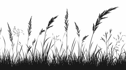 Abstract Silhouette Art. Black Grass and Wildflowers in Rustic Prairie Landscape Vector Illustration