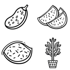 Collection of Black Line Art Isolated Vegetables, Fruits and Plant Icon Set on White