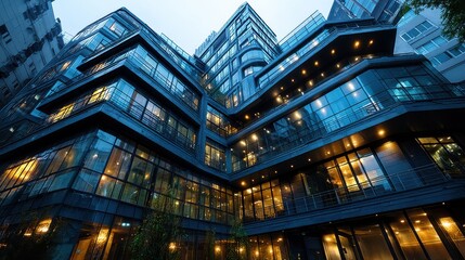 a blue building with a lot of glass windows