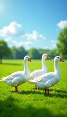 A charming flock of white geese on a grassy field under a sunny sky, flock, grass, wildlife