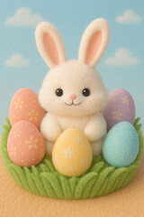 Fluffy Bunny & Pastel Eggs in Felt Grass Nest against Cloudy Blue Sky; Soft, Dreamy, Playful, Easter card style