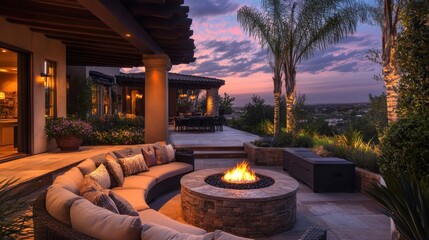 Obraz premium Cozy outdoor seating with fire pit at sunset