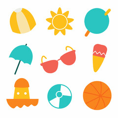 Minimalist Summer Beach Icon Set Different Colorful And Silhouette Style On A White Background