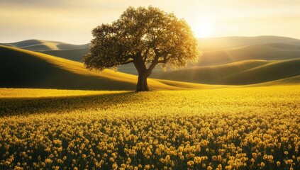 Obraz premium Golden fields embrace a solitary tree bathed in sunrise glory