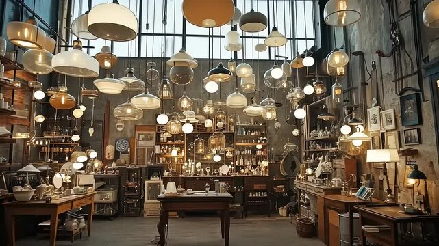 A Vintage Lighting Emporium: A captivating display of antique and modern lamps illuminates a rustic industrial space, creating a unique and inviting atmosphere.