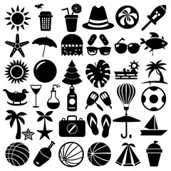 Minimalist Summer Beach Icon Set Different Colorful And Silhouette Style On A White Background