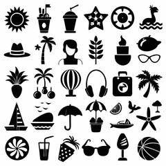 Minimalist Summer Beach Icon Set Different Colorful And Silhouette Style On A White Background