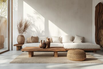 Fototapeta premium A serene and modern living room featuring a minimalist design with natural light streaming in. showcasing a cozy seating area and a view of a tranquil outdoor space
