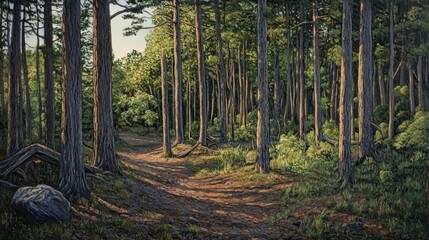 Obraz premium A forest trail winds through tall trees with sunlight filtering through