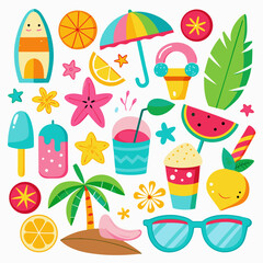 Fototapeta premium Minimalist Summer Beach Icon Set Different Colorful And Silhouette Style On A White Background