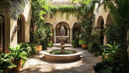 Sun-drenched, lush courtyard with fountain