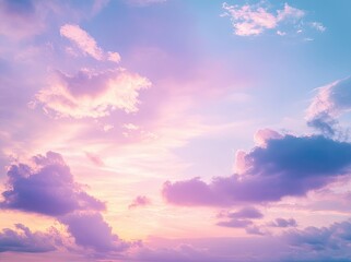 Fototapeta premium A serene sunset sky filled with soft pastel colors of pink. purple. and blue. showcasing fluffy clouds against a tranquil backdrop. perfect for relaxation or inspiration