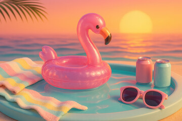 Obraz premium Pink Flamingo Float, Pastel Towel, Sunglasses, & Cans Against a Sunset Ocean Backdrop, Nostalgic & Playful