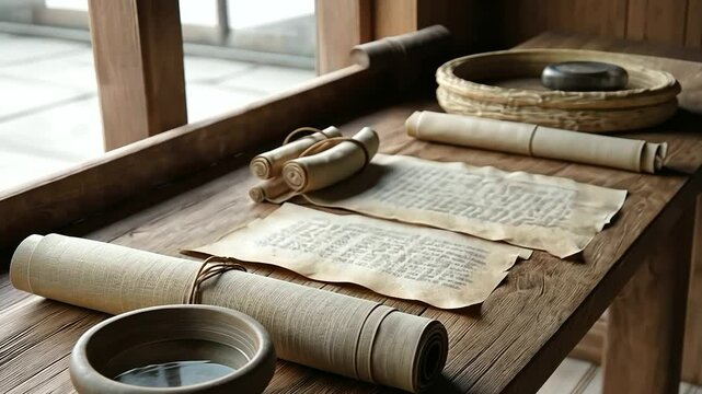 A tranquil study with handmade scrolls and a bowl of water