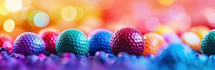 Two vibrant. textured golf balls in green and purple sit against a shimmering. colorful bokeh background. creating a lively atmosphere suitable for sports-themed projects