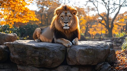 Majestic male lion rests on rock, autumn trees golden, staring forward