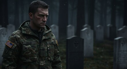 Obraz premium Caucasian male soldier in camouflage uniform standing in cemetery at dusk. Memorial Day, Veterans Day concept. Honoring fallen heroes, military remembrance