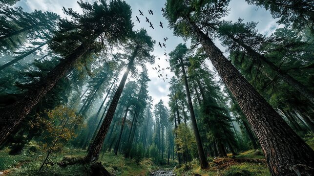 a forest with trees and birds flying in the sky.photo stock