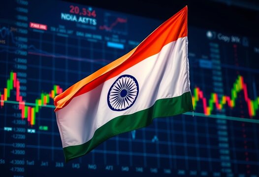 Indian flag billowing, vibrant stock market charts surge behind, development, India