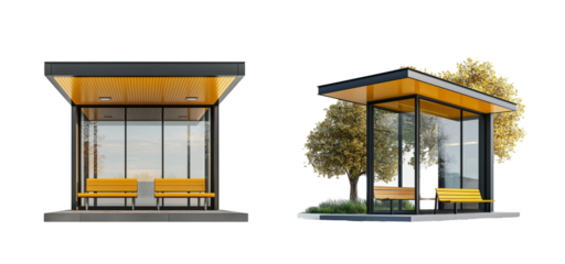 Modern Bus Stop Shelter Design with Glass Walls and Yellow Accents