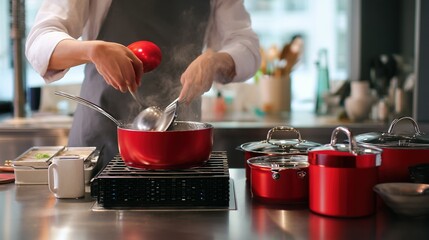 Chef expertly transfers ingredients in a modern kitchen.